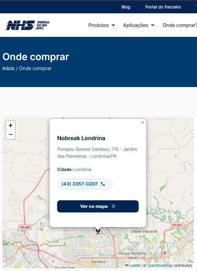 Nobreak Londrina listada na página oficial Onde Comprar da NHS